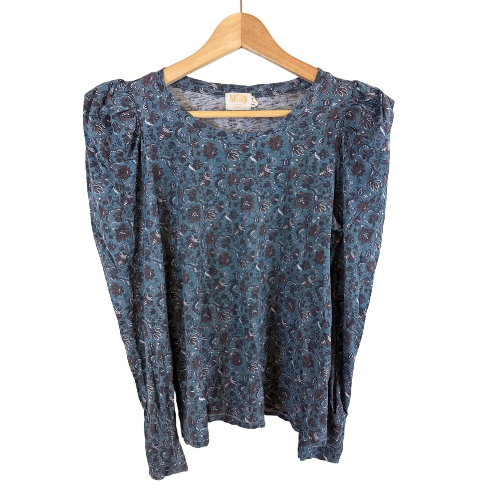 Nation LTD Puff Sleeve Floral Top Women Medium Blue Pima Cotton
